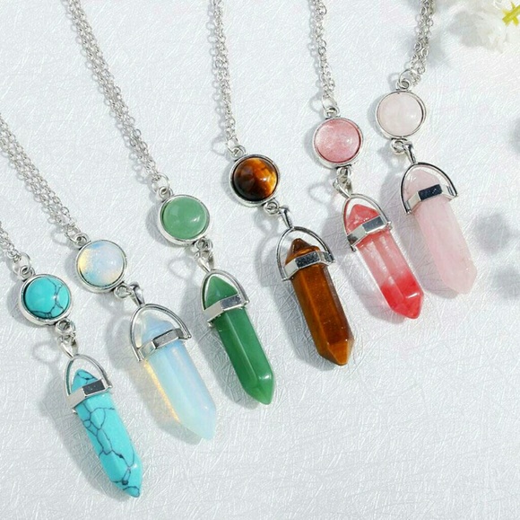 Opalite Stone Bullet Shape Silvertone Necklace - Picture 3 of 5